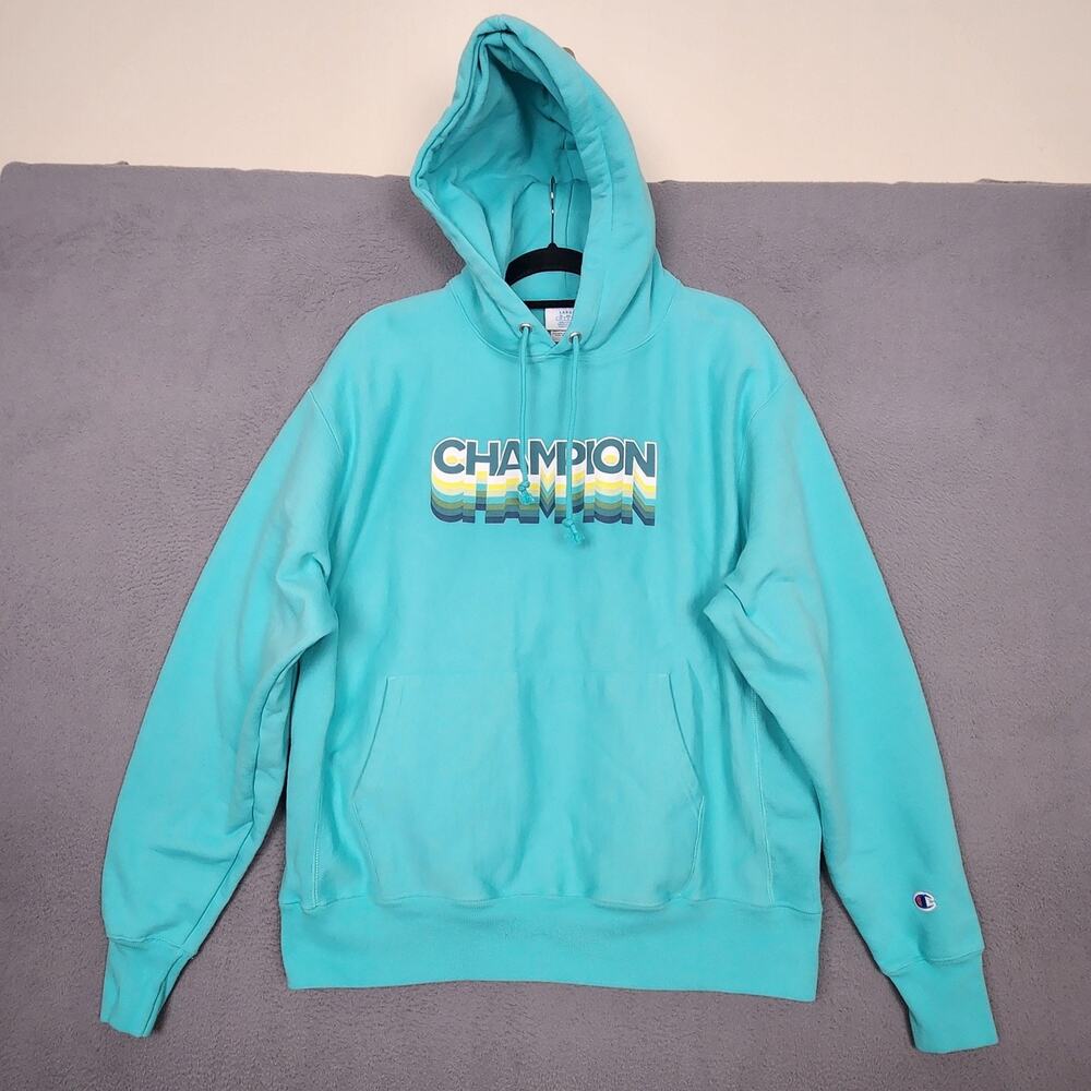 Champion Reverse Weave Hoodie Mens Large Blue Pullover Graphic Logo GF68